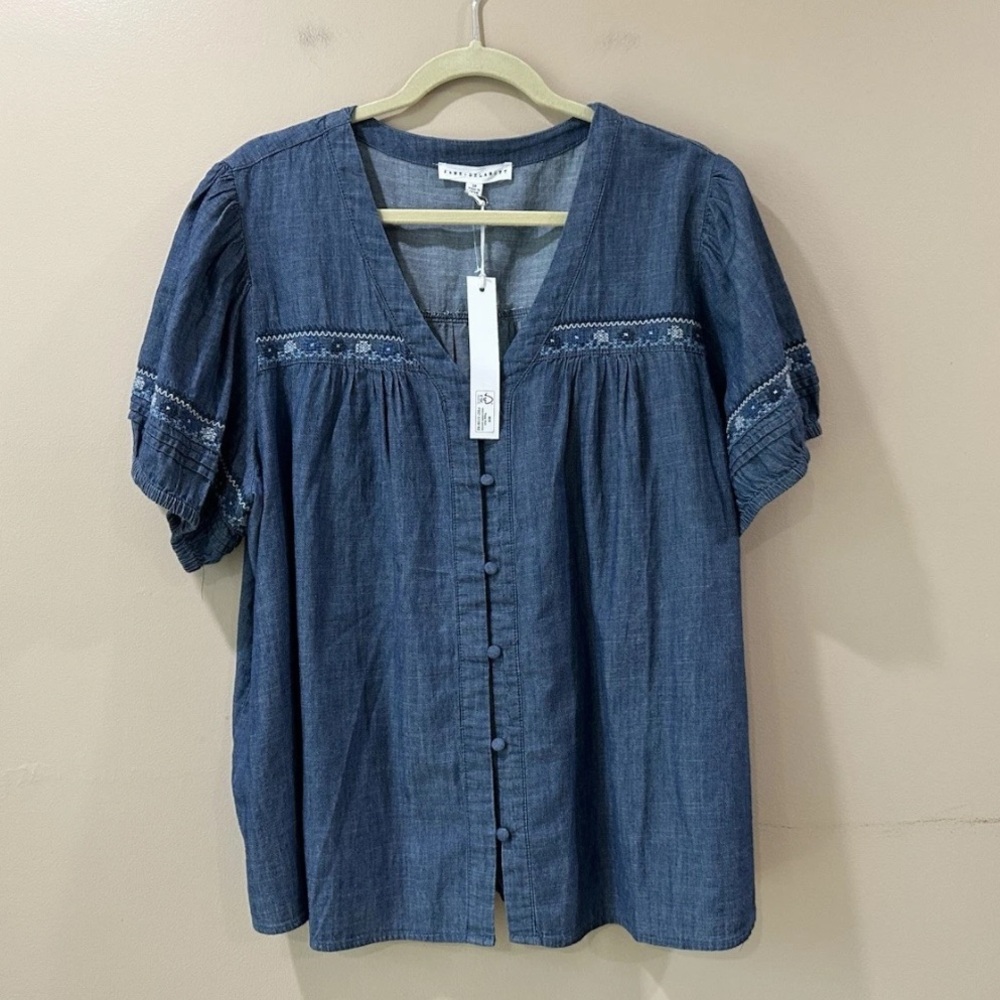 Jane Delancey Chambray Denim Blouse Top Womens 3X Embroidered Boho Puff Sleeve
